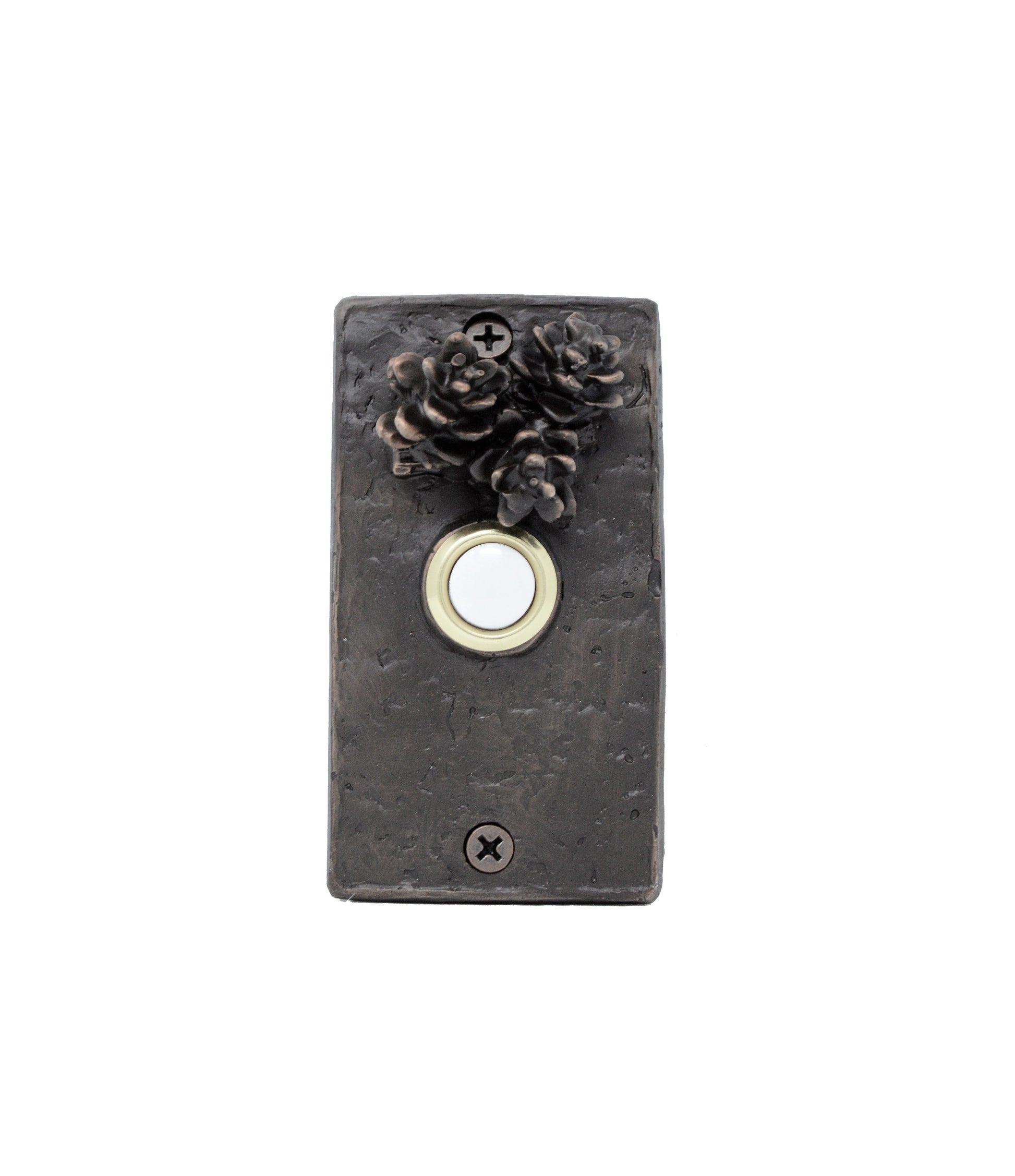 Rectangular Bronze doorbell with three Hemlock pines cones