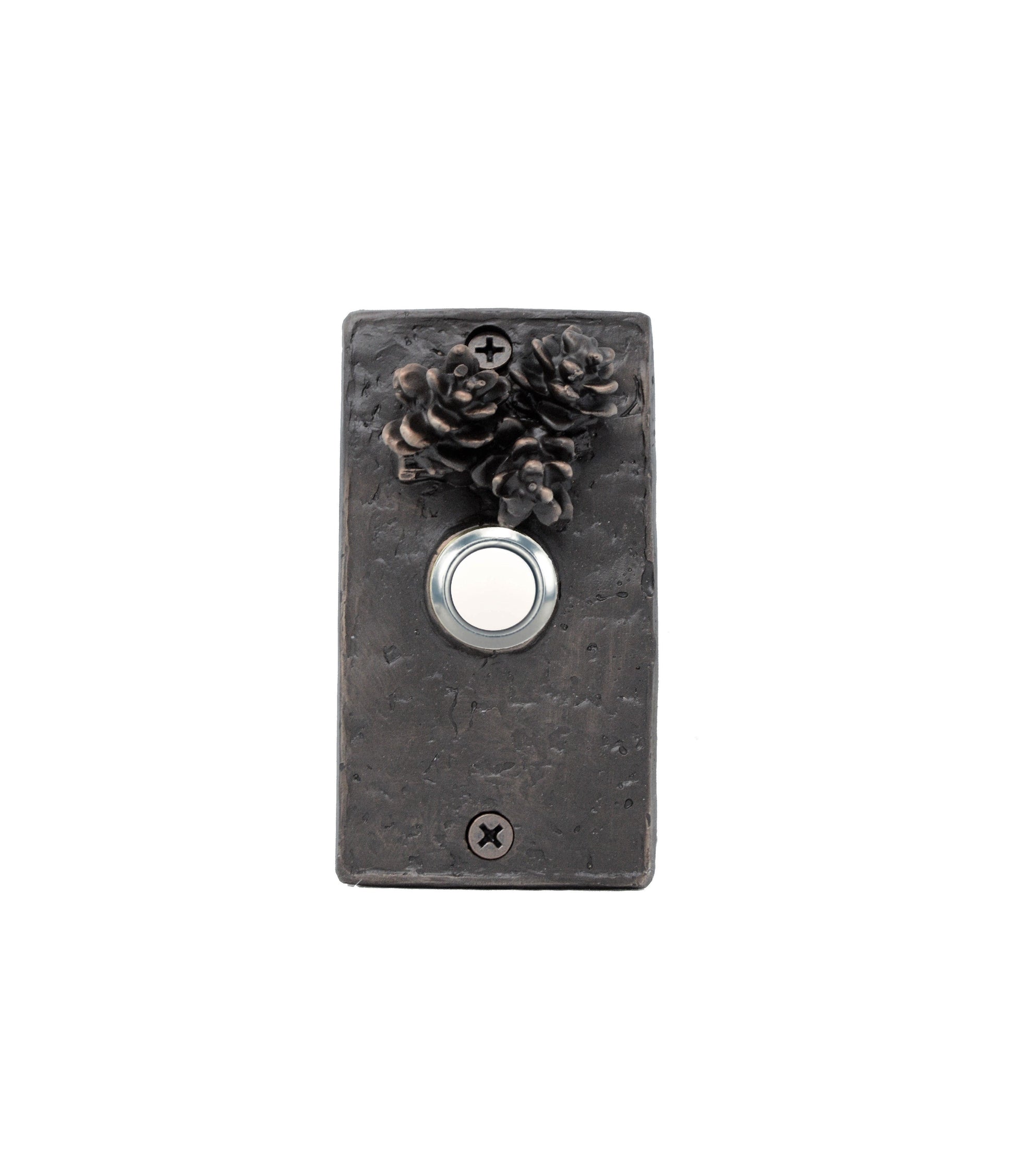 Rectangular Bronze doorbell with three Hemlock pines cones