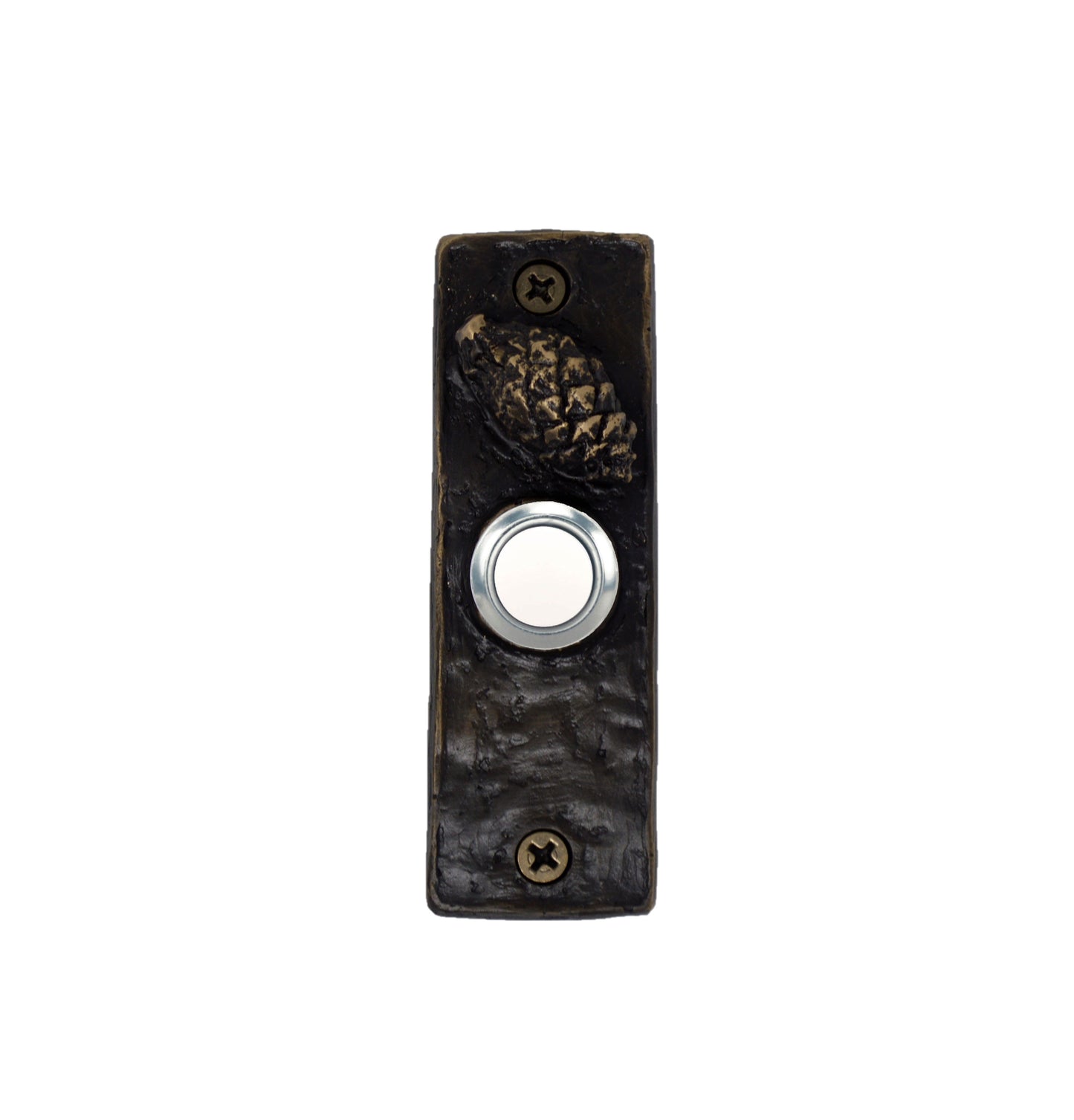 Slim bronze doorbell with Lodgepole pine cone