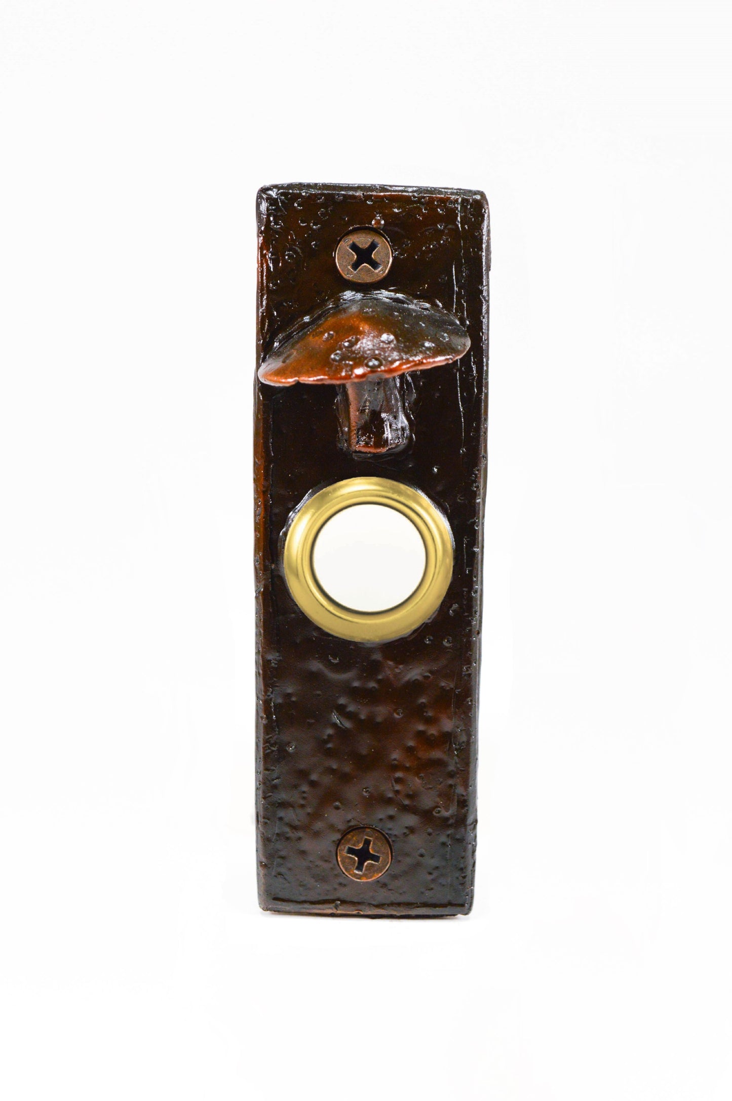 Slim toadstool mushroom doorbell with patina