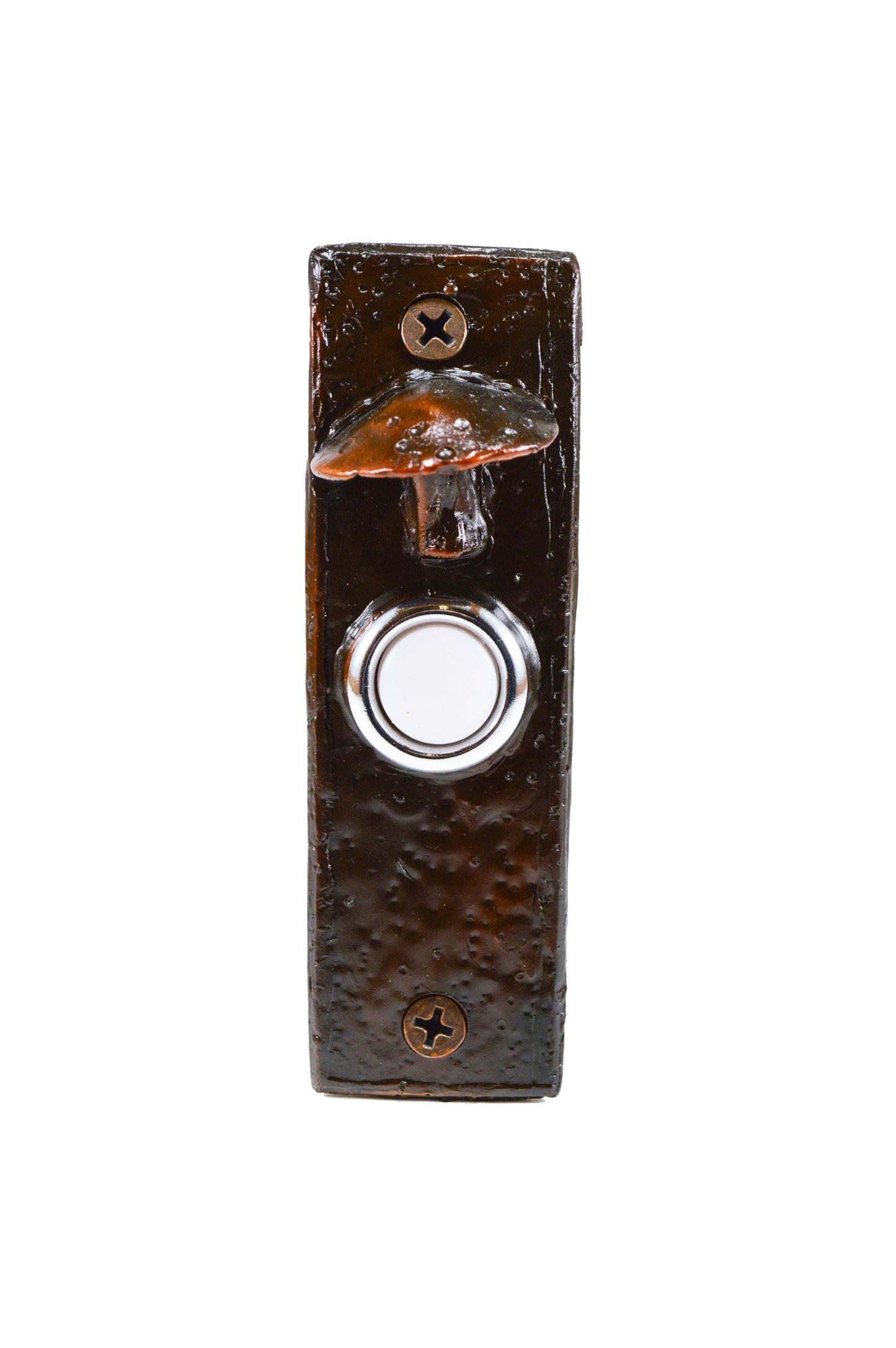 Slim toadstool mushroom doorbell with patina