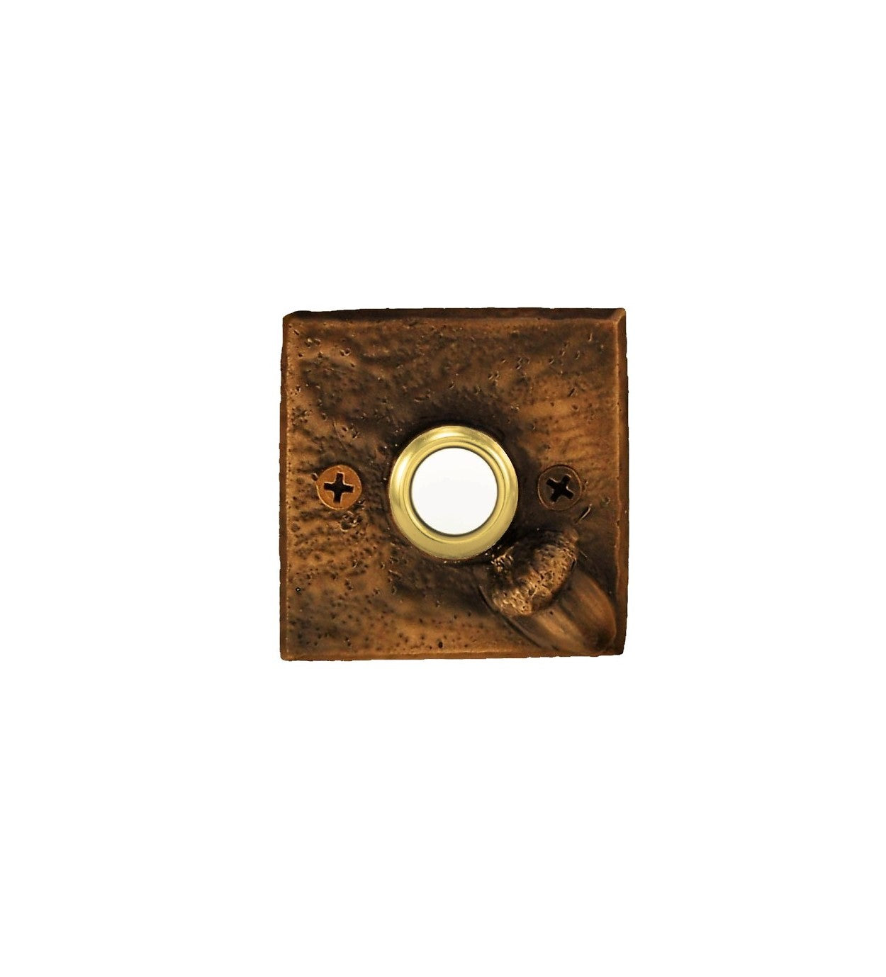 Square bronze doorbell plate with acorn in lower right corner