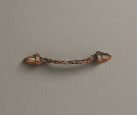 4" solid bronze branch handle with 2 horizontal acorns.  Traditional patina has red undertones.a