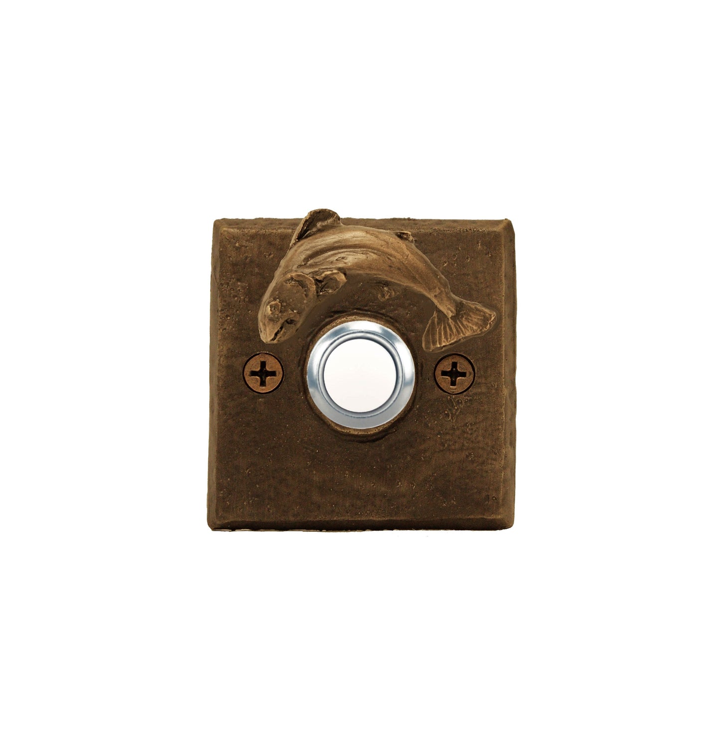 Square doorbell with trout - solid bronze - patina